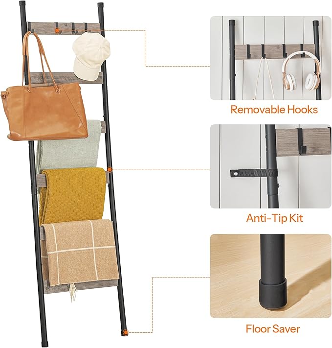 HOOBRO Blanket Ladder, 6-Tier Towel Rack with Hooks, Wall-Leaning Blanket Rack, Decorative Display Ladder Shelf, Scarves, Ind