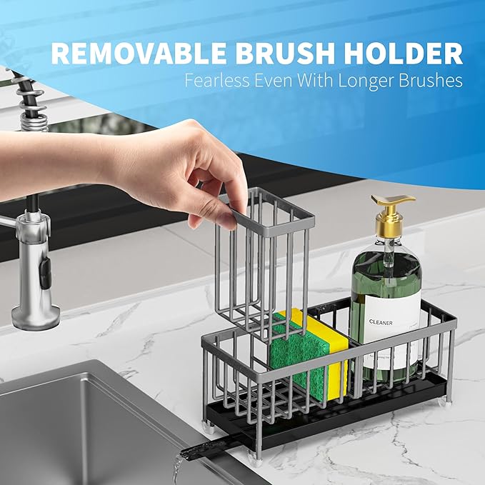 Cisily Sponge Holder for Kitchen Sink, Sink Caddy Organizer with High Brush Holder, Kitchen Countertop Organizers and Storage