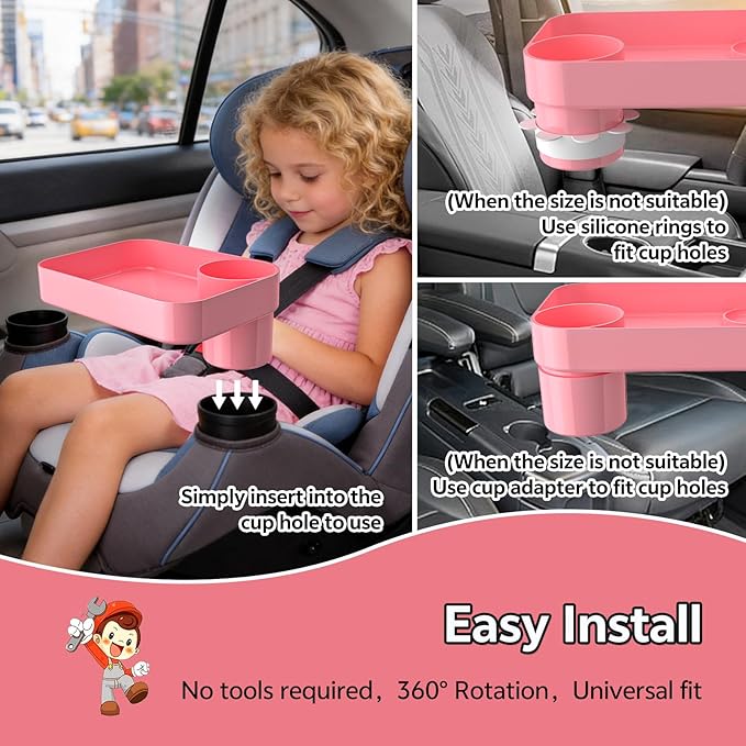 Car Seat Snack Tray for Kids Toddler Travel,Cup Holder Expander for Car,Toddler Travel & Road Trip Accessory for Mess-Free Snacking in The Car (Pink)