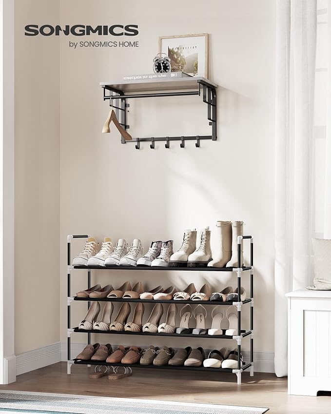 SONGMICS 4-Tier Shoe Rack, Shoe Storage for Hallway Closet, Slim and Space-Saving, Metal Frame, Non-Woven Fabric Shelves, Bla