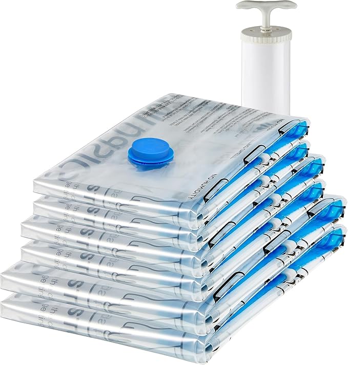 Amazon Basics Vacuum Storage Bags for Clothing, Multiple Sizes Compression Zipper Bags with Hand Pump for Space Saving and Tr