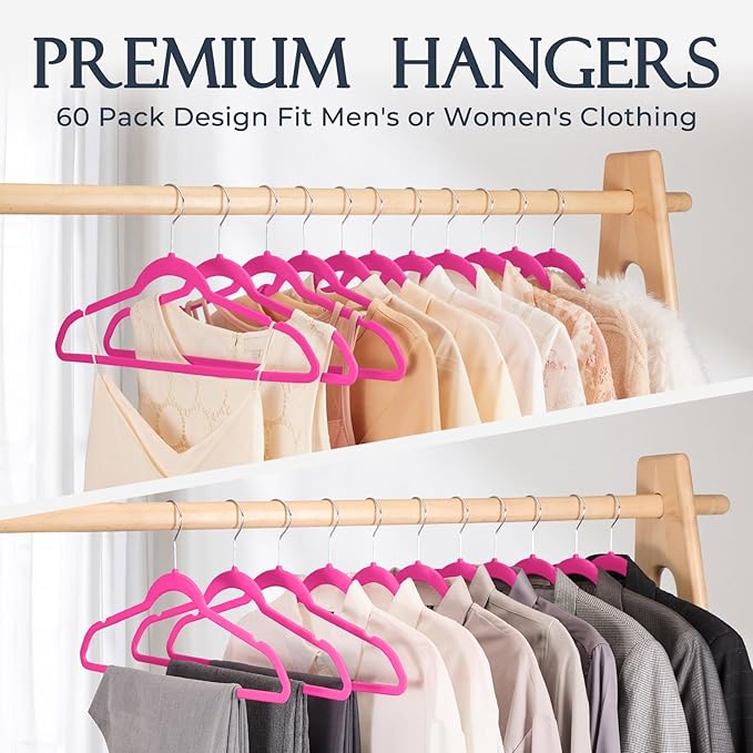 HOUSE DAY Rosy Red Velvet Hangers 60 Pack, Non Slip Clothes Felt Hanger Heavy Duty for Coat, Premium Slim Space Saving Suit H