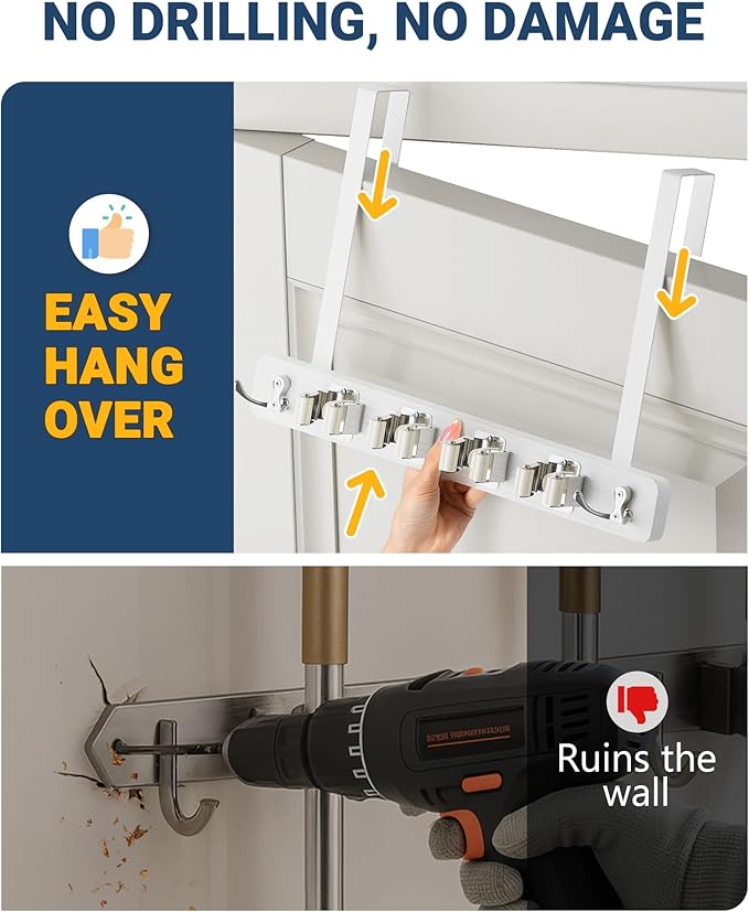 Lorbro Broom Holder Door Mount, Over the Door Broom and Mop Holder with 2 Over Door Hooks, Wood Broom Hanger, Tool Rack Organ