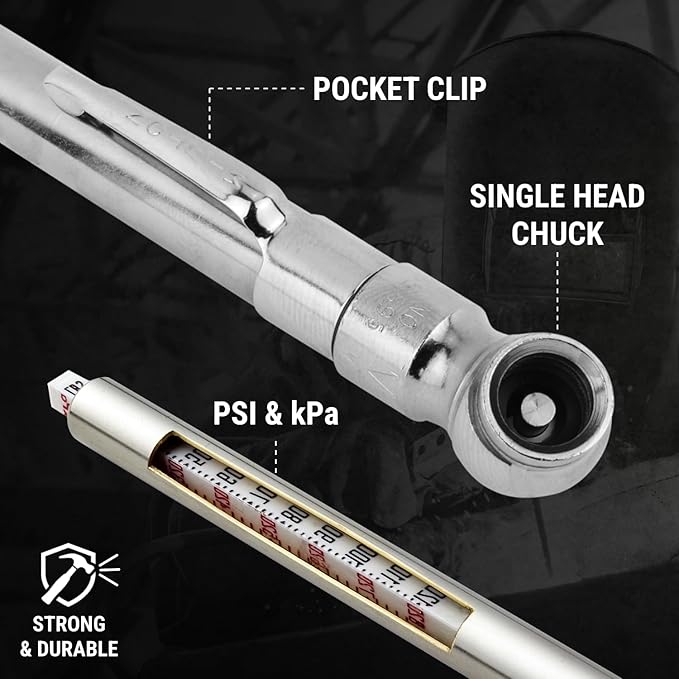 Milton S-920 Pencil Tire Pressure Gauge With Tread Depth Gauge, Built-in Deflator Valve, For Higher-Pressure Automobile Tires, Durable Plated Brass, Pressure Measured In PSI & kPa