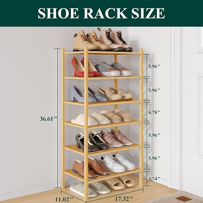 Smiry Small Bamboo Shoe Rack 6-Tier, Stackable Wooden Shoe Organizer for Entryway & Closet, Free Standing Wood Shoe Storage S