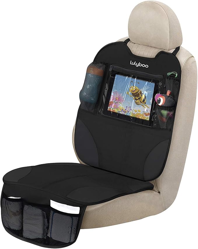 Lulyboo Car Seat Protector & Organizer for Baby & Toddler - Back Seat Storage, Kick Mat with Tablet Holder, Toys & Essentials, Fits All Vehicles, Durable Nylon, Black