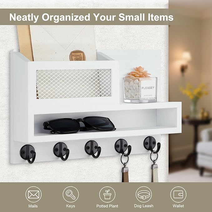 Key Holder for Wall, Mail Organizer Wall Mount with Storage Compartment and 5 key Hooks for Coat, Dog Leash, Stylish Mesh Mai