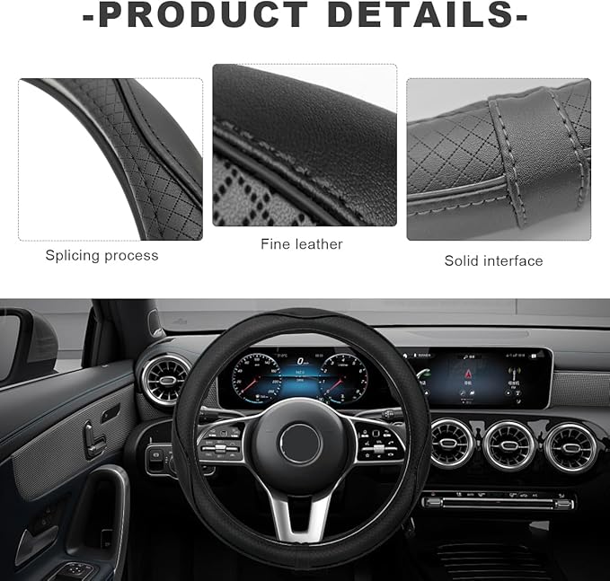 Car Steering Wheel Cover, 15 Inch Anti-Slip Breathable Leather Auto Steering Wheel Protector, Full Surround Soft Steering Whe