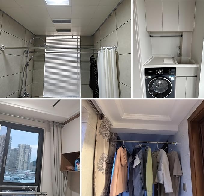 Adjustable Telescopic Closet Rod, No Drill Pressure Mount Hanging Bar, Space-Saving Extendable Rail for Clothes Storage (Gray