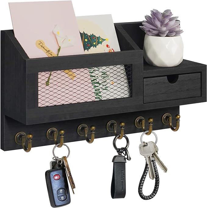 FifthQuarter Key and Mail Holder for Wall, Mail Organizer Wall Mount with 6 Hooks and Storage Drawer, Easy Installation Key R