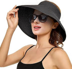 Sun Visor Hat for Women, Wide Brim Straw Summer UV Protection Hat, Foldable Roll-up Packable Beach Cap