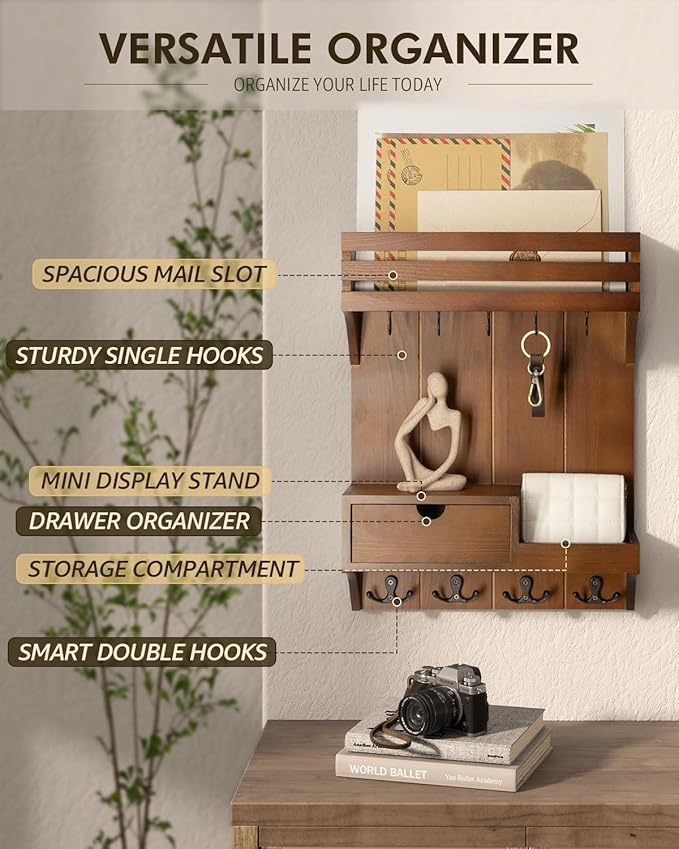 Rebee Vision Farmhouse Key Holder Wall Mount – Decorative Mail Organizer with 9 Key Hooks and Mini Drawer Organizer – Rustic 