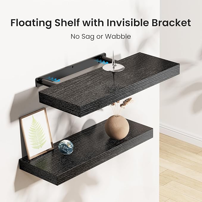 AMADA HOMEFURNISHING Floating Shelves Black, Wall Shelves with Invisible Brackets for Bedroom, Bathroom, Living Room, Kitchen