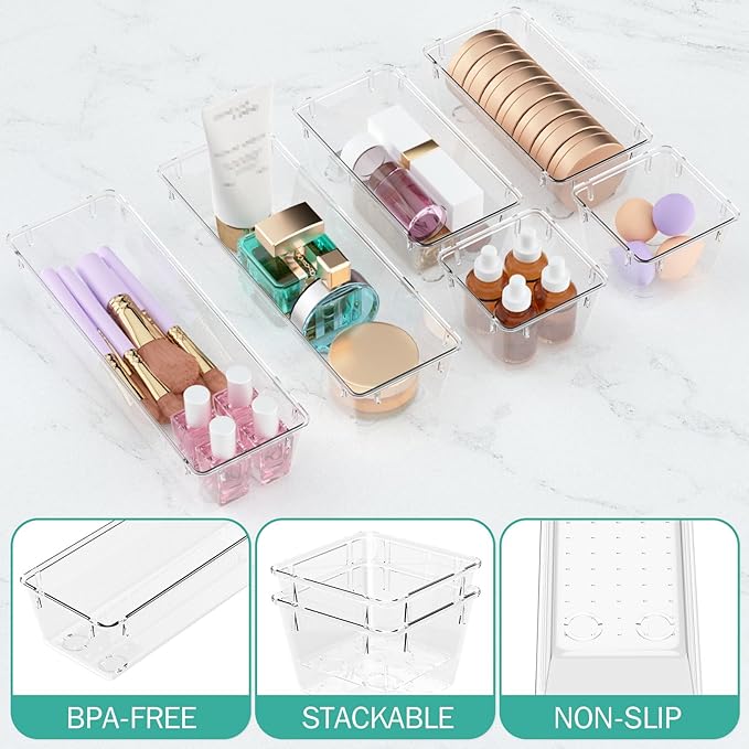 WOWBOX 12 Pack Clear Drawer Organizer Set, Acrylic Drawer Storage Trays, Storage Bins for Makeup, Cosmetics, Jewelries, Utens