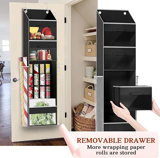 Black Over Door Wrapping Paper Organizer Storage with 3 Removable Drawers & Side Pockets – Dual Use Design with Elastic Strap