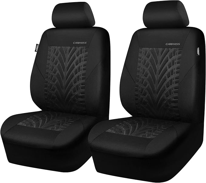 CAR PASS Car Seat Covers Two Front Only for Car, 3D Tyre Print Automotive Interior Covers, Airbag Compatible, Quick Setup Uni