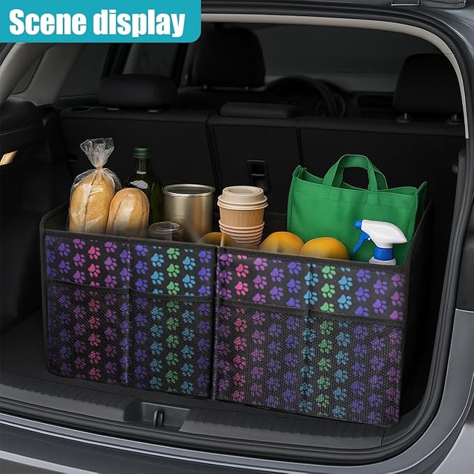 Car Trunk Organizer, Collapsible Multi-Compartment Auto Storage Box with 4 Pockets, Waterproof Oxford Fabric Car Trunk Container