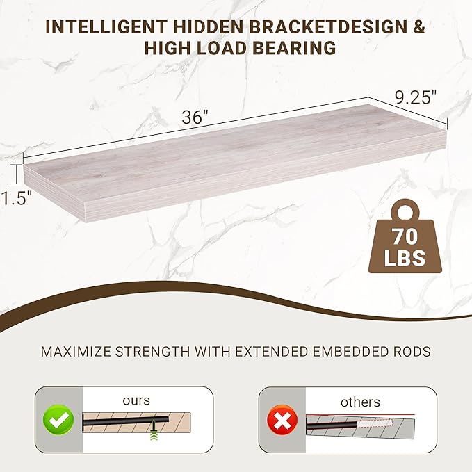 36 Inch Floating Shelves, 3D Textured Wood Grain, 36"x9.25"x1.5" Inch Deep Floating Shelves for Wall, Wooden Shelves for Bath