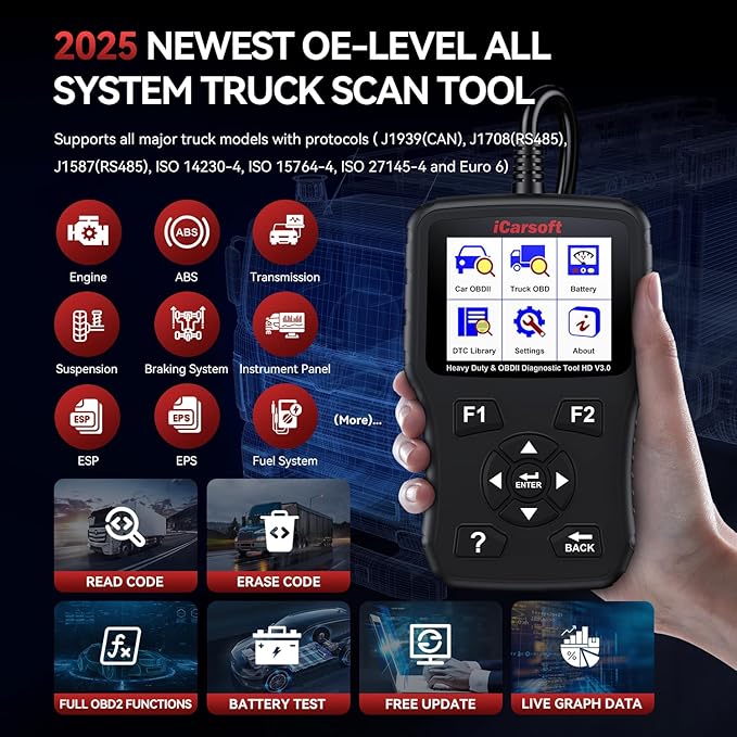 iCarsoft Heavy Duty Truck Scanner HD V3.0 All System Diesel Diagnostic Scan Tool Battery Test Code Reader for Freightliner,