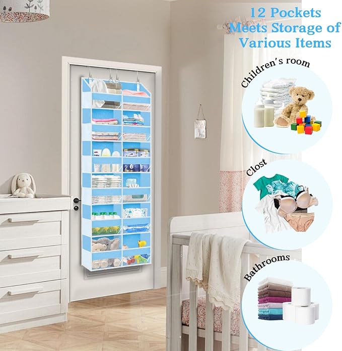 Over The Door Organizer 6 Tiers, Extra Large Behind Door Storage of 12 Compartments, 80 lbs Weight Capacity Hanging Storage O