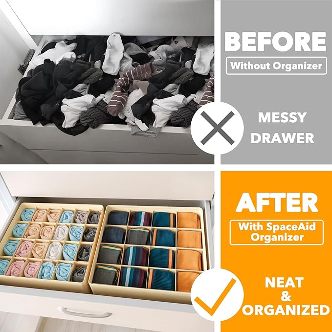 SpaceAid Sock Drawer Organizer Divider 3 Pack, 64 Cell Dresser Closet Nursery Underwear Organizers Storage Bins for Organizin