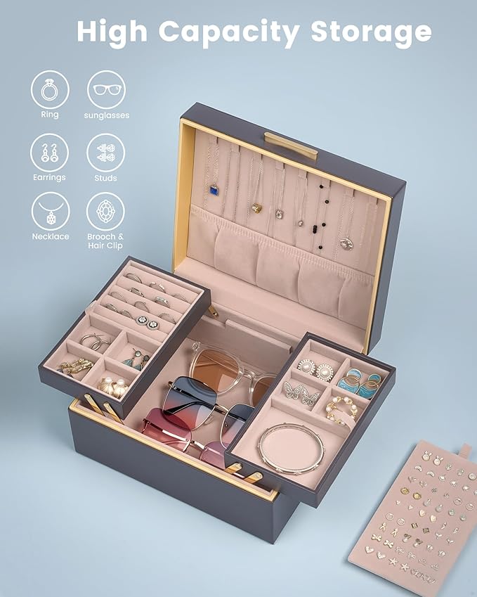 Lolalet Jewelry Box Organizer for Women Girls, 2 Layer Jewelry Organizers and Storage for Necklace Earrings Rings Bracelets, 