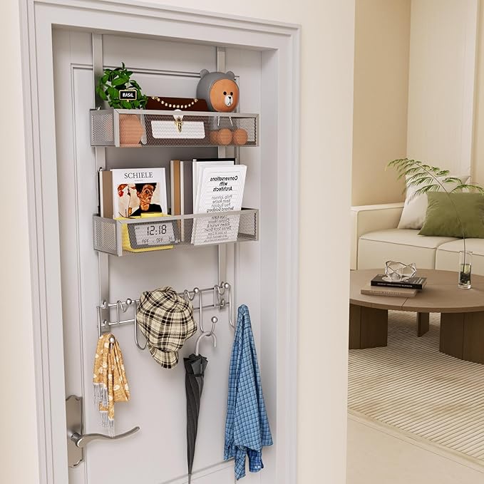 HapiRm Over The Door Hanger with Coat Hooks and 2 Baskets, Rustproof & Waterproof Over The Door Hooks, Storage Organizer for 