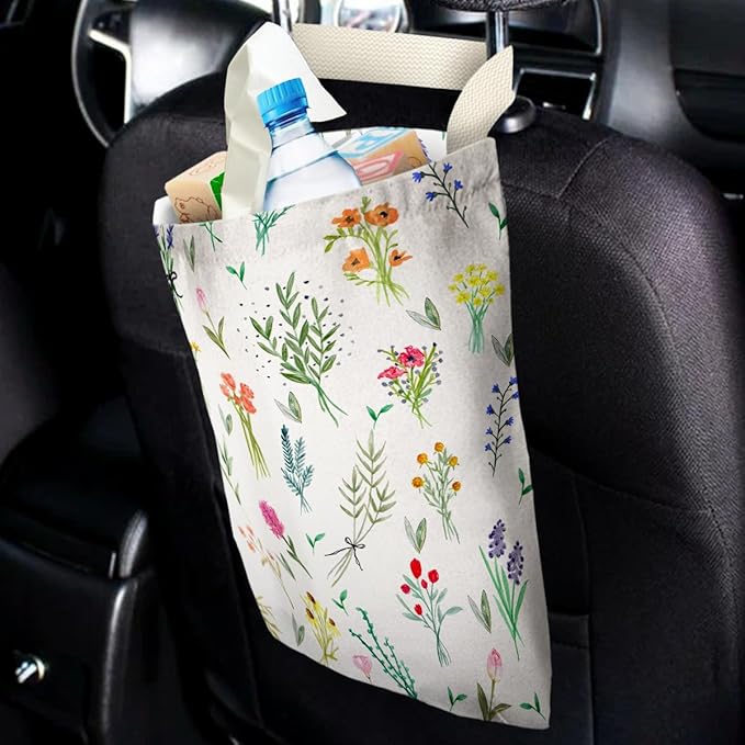IRADA Car Trash Bag Hanging No Snap Small Garbage Bag for Car Back Seat Cute Printed One-Handed Strap Trash Bags Car Accessories-Wildflowers-White Car Trash Bags