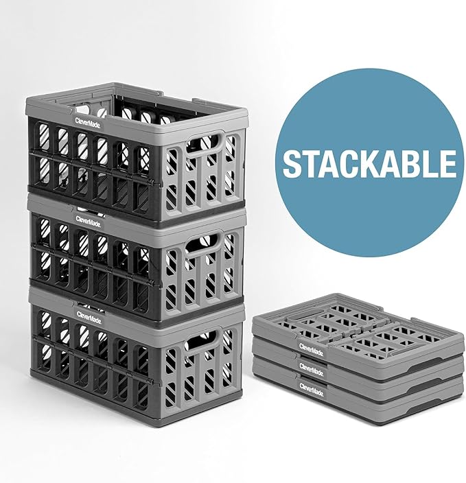 CleverMade Eco Collapsible Shopping Basket with Handles, 24L Stone, 3 Pack