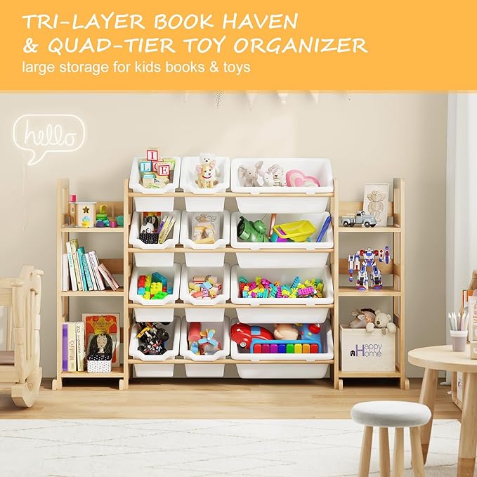 EXPERLAM Extra Large Toy Storage - Toy Storage Organizer, Wooden Toy Organizer with 6 Side Shelves and 12 Bins, 3-in-1 Booksh