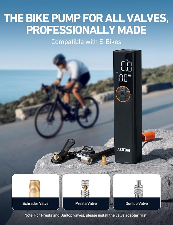 AstroAI L8 Electric Bike Pump, Portable Bicycle Tire Inflator with Pressure Gauge and Auto Shut-Off, 150 PSI Powerful Motor Mini Air Pump for Road, Mountain & E-Bike with Presta and Schrader Valves