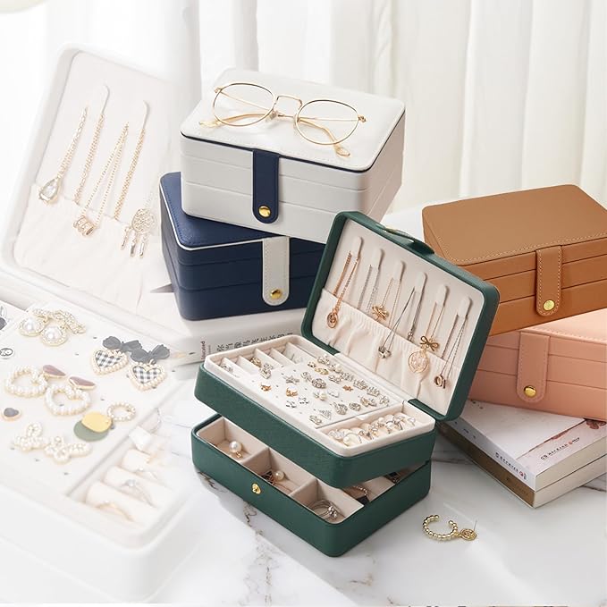 KOOAAICCHI Small Jewelry Box, Travel Jewelry Organizer, Portable Jewelry boxes for Women Girls Gift, Double Layers PU Leather