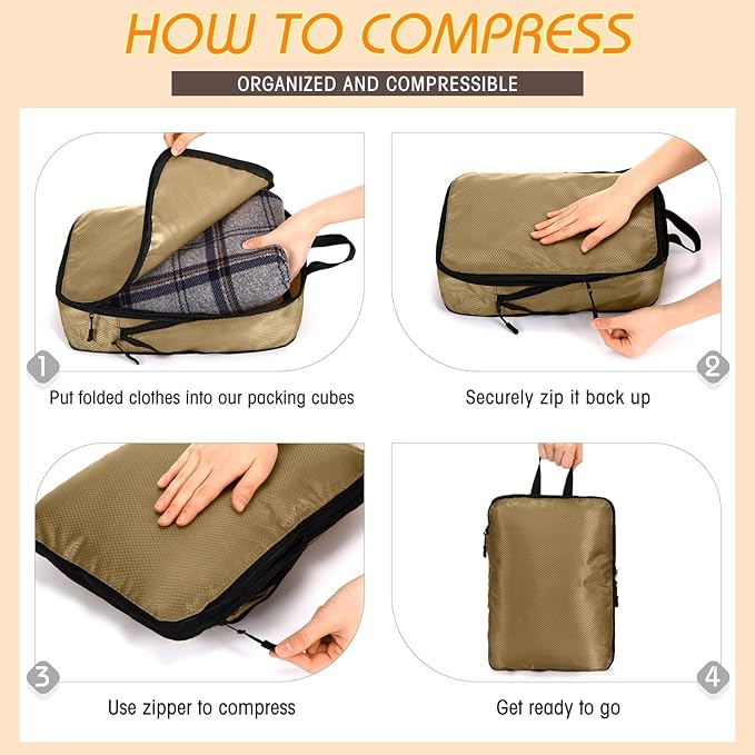 5 Pack Compression Packing Cubes for Travel Space Saving Cubes Luggage Organizer for Suitcase(Apricot,S)