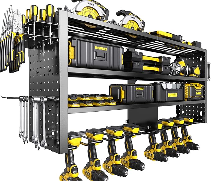 Large Power Tool Organizer Wall Mount, 4 Layer Garage Storage Cordless Tool Organizer with 8 Drills Holder, Heavy Duty Premiu