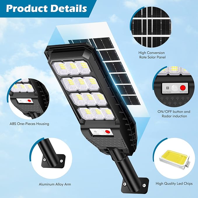 VUAA 4 Pack Solar Street Lights Outdoor Waterproof, 6500K 6000LM LED Street Light Dusk to Dawn,Solar Motion Sensor Lights Out