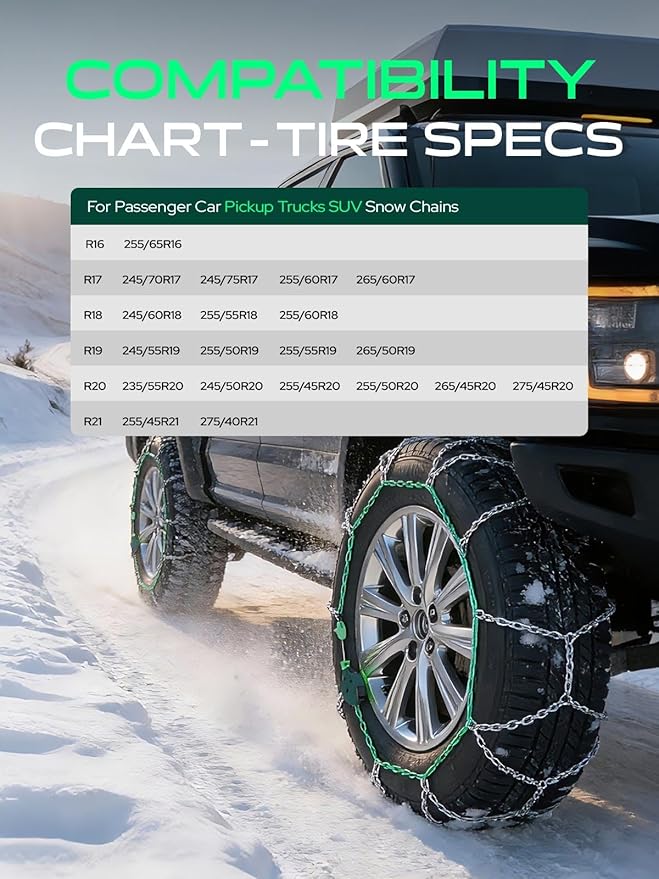 YHTAUTO Set of 2 Snow Chains 16mm for Pickup Truck SUV Passenger Car Universal Fit Tire Chains Auto-Tightening Quick Installa