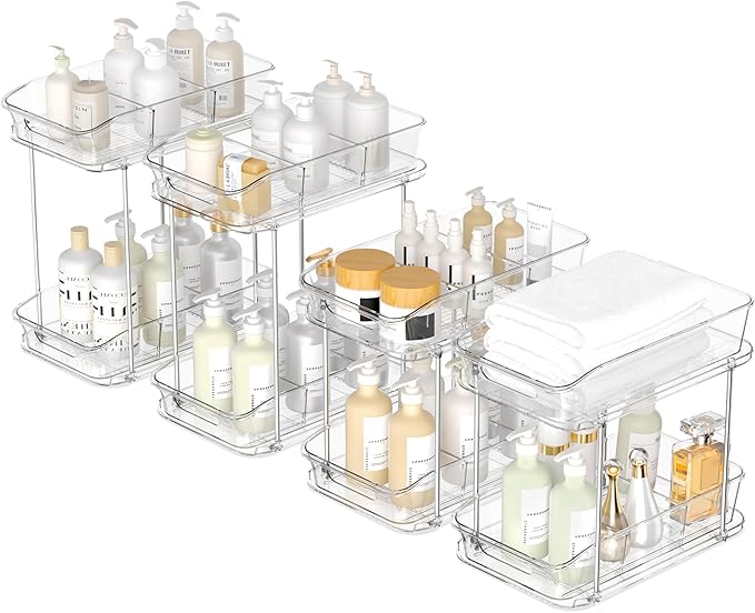 incostar 2 Tier Pull-Out Storage Organizer for Bathroom and Kitchen, Under Sink Organizer with Dividers, Ideal for Organizing