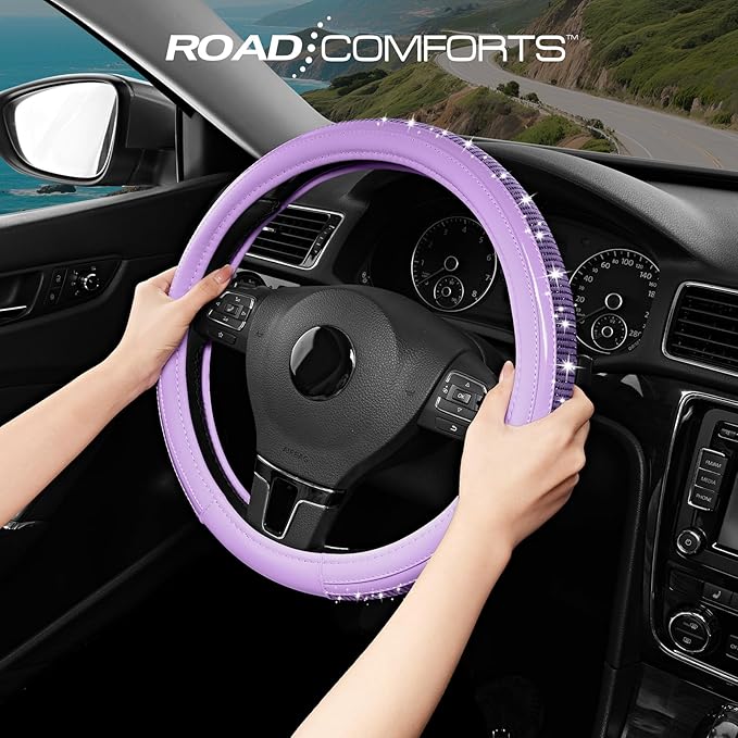 Road Comforts Bling Steering Wheel Cover – Purple Diamond Design, Universal Fit 14.5-15 Inch, Microfiber Leather, Anti-Slip &