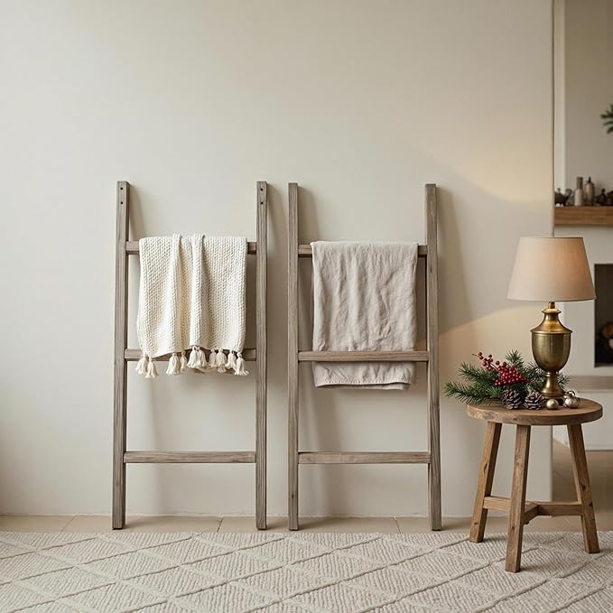 Blanket Ladder 76in Wooden Ladder Shelf Living Room Bathroom Bedroom Decorative Wall Leaning Farmhouse Quilt Display Holder R