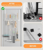 Broom Holder Over The Door - 304 Stainless Steel Mop and Broom Holder Wall Mounted or Hanging Over The Door with Hooks - Broo