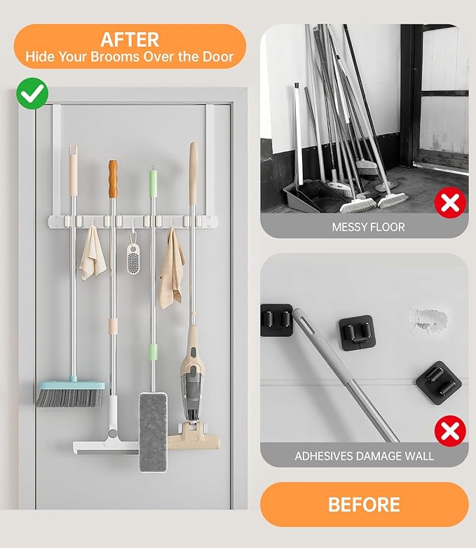 Broom Holder Over The Door - 304 Stainless Steel Mop and Broom Holder Wall Mounted or Hanging Over The Door with Hooks - Broo