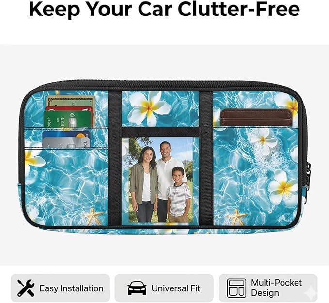 Car Sun Visor Organizer Easy to Store Sun Visor Organizer with Card Holder Big Zipper Pocket Cars Accessories Universal Fit for Most Cars SUV, Frangipani Print
