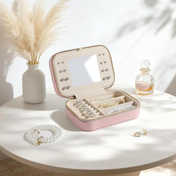 Genuine Leather Travel Jewelry Organizer Case with Mirror for Women, Small Mini Portable Jewelry Box for Ring Earrings Neckla