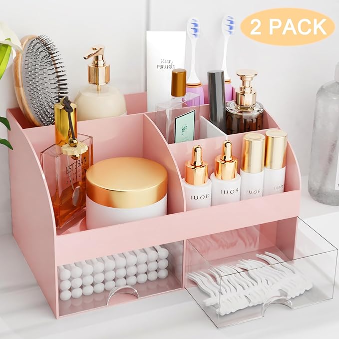 Makeup Organizer with Drawers, Cosmetic Storage for Dresser Vanity and Bathroom Countertop, Beauty Holder for Lipstick Brush,