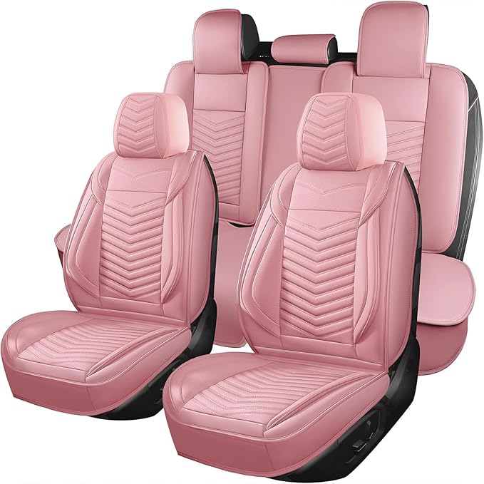 Nappa Leather Car Seat Covers Full Set, Pink Car seat Protector 5 Seats, Waterproof Car Seat Cushion, Universal Automotive Se