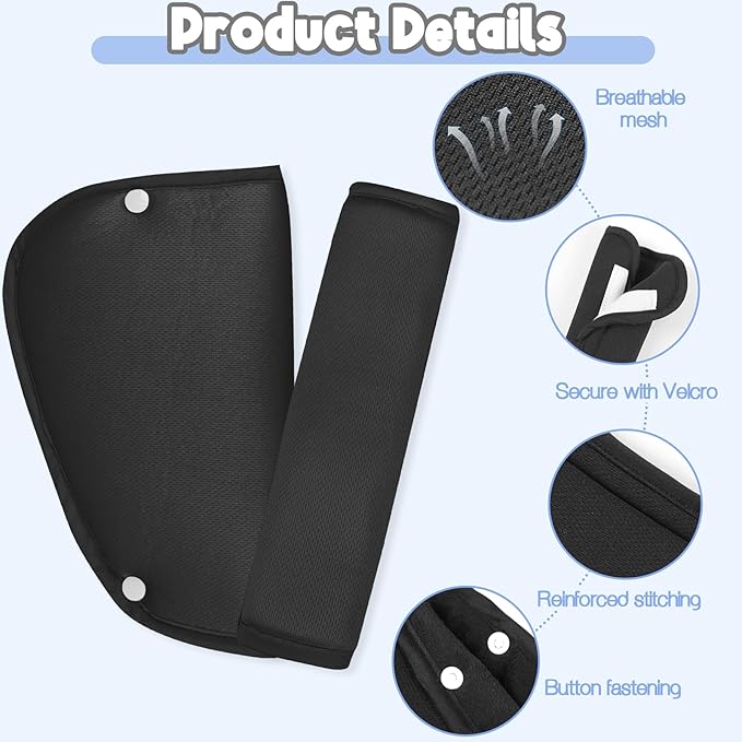 Kids Seat Belt Cover Pads, Universal Seat Belt Adjuster for Kids, HNHUAMING Kid's Shoulder & Belly Protective Padding for Travel, Soft Breathable Car Seat Straps Pads for Children, Black