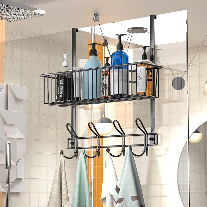 Kaiferty Over The Door Hooks Organizer,Door Hanger Door Storage with Basket,Over The Door Towel Rack Coat Hooks with 12 Hooks