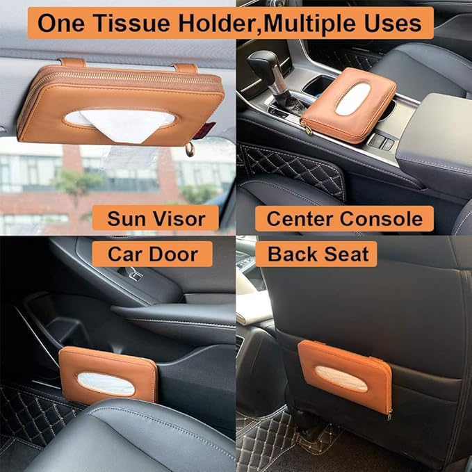 Car Tissue Holder, Sun Visor Tissue Holder, Car Visor Napkin Holder, PU Leather Backseat Tissue Case Holder for Car Vehicle with Zipper (Brown)