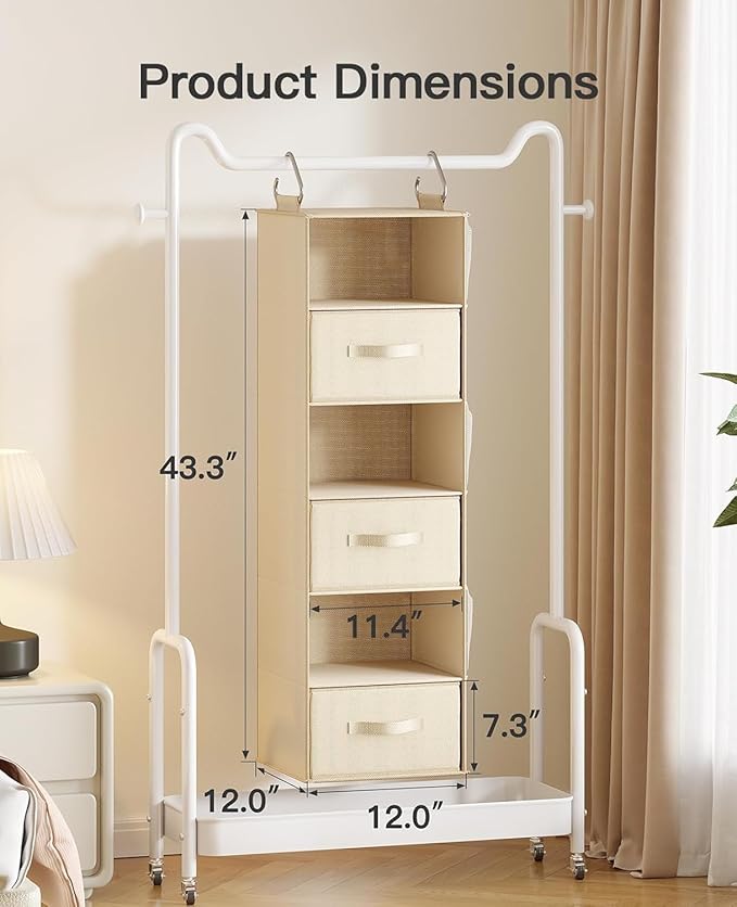 Pipishell 6-Shelf Hanging Closet Organizer, with 3 Detachable Drawers & Side Pockets, Closet Organizers and Storage for Bedro