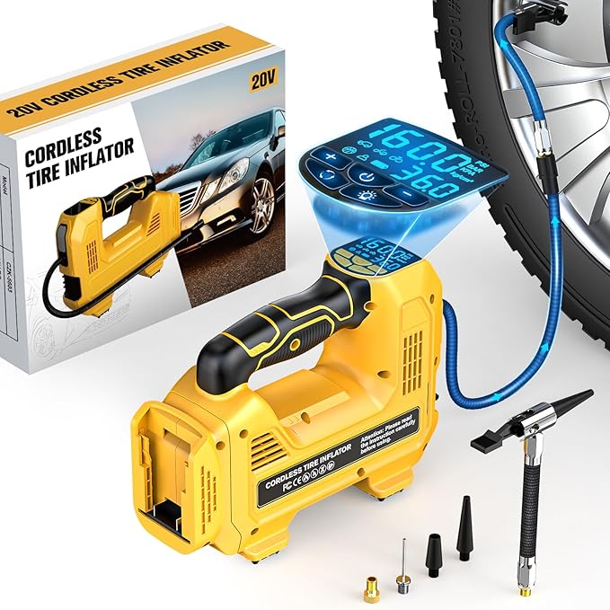Cordless Tire Inflator Air Compressor Compatible With Dewalt 20V Battery, LIVOWALNY Portable Handheld Air Pump with Digital Pressure Gauge for Cars Motorcycles Bikes Sport Balls (No Battery)